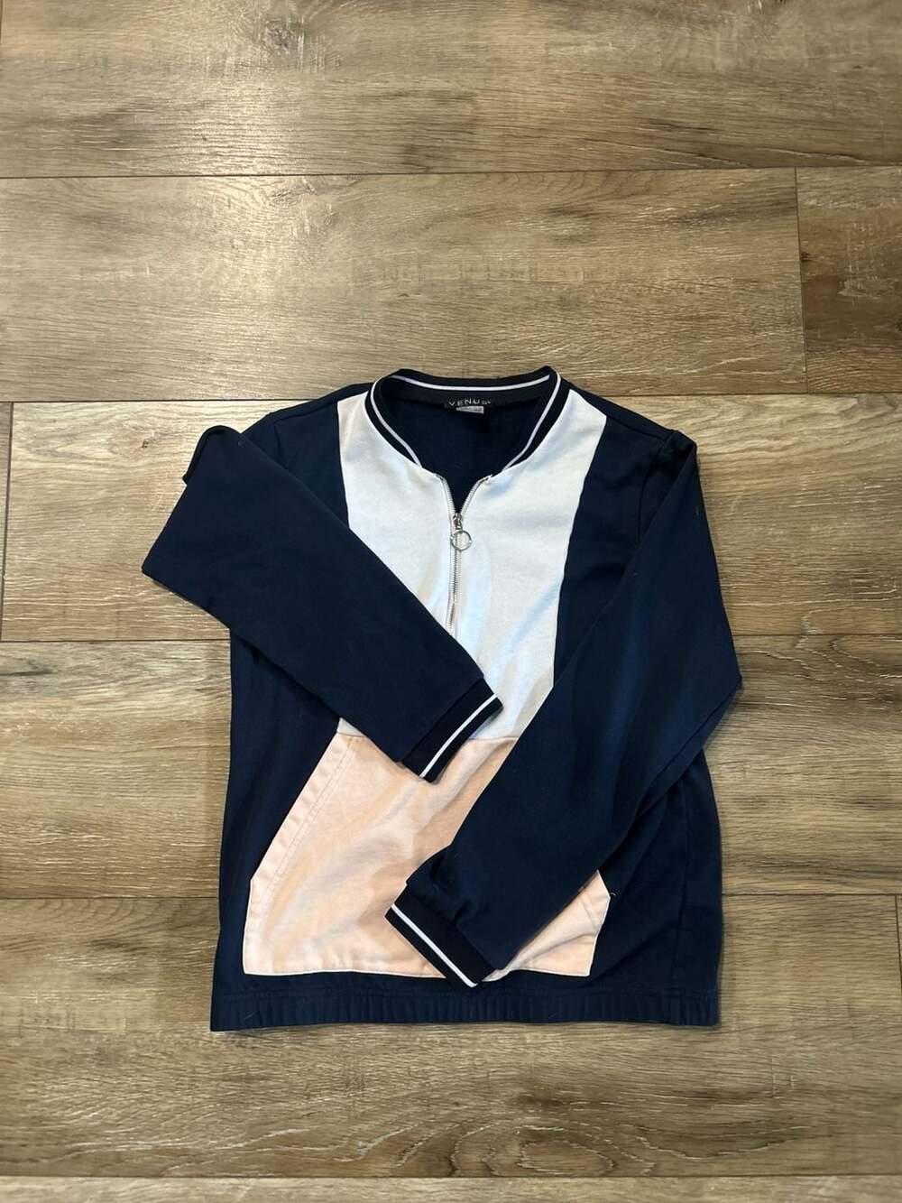 VENUS Size S Color Block Half Zip Sweatshirt Pullover Navy White Peach